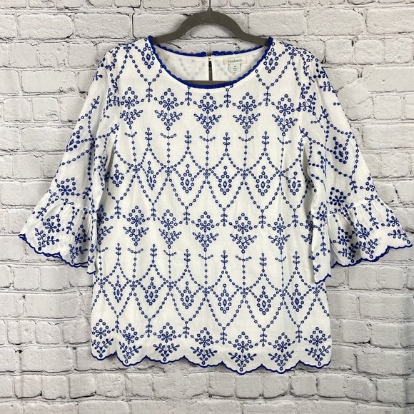 Sundance Palmera Embroidered Eyelet Top Ruffle Bell Sleeve Blue White - Picture 2 of 10